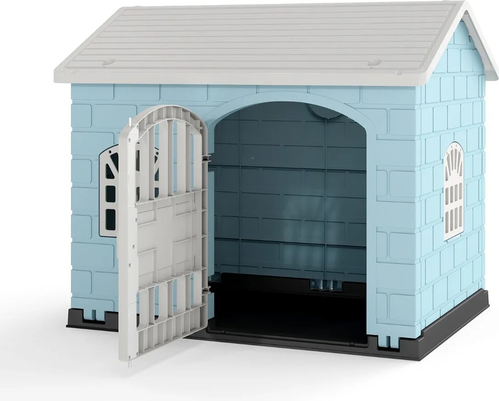 Casota de plástico para cães com 3 janelas e porta com fechadura, telhado inclinado, para interior e exterior, 75 x 58 x 65 cm, Azul Claro