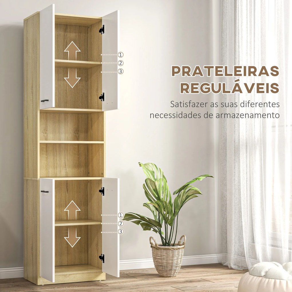 Coluna Casa de Banho Armário Alto Casa de Banho com 4 Portas 2 Prateleiras Abertas e Ajustáveis 53x34x196cm Branco e Madeira