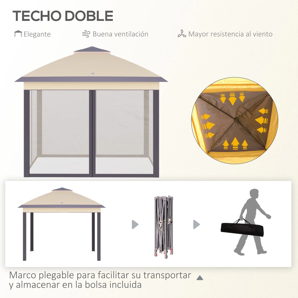 Outsunny Pérgola Dobrável Exterior 3,3x3,3x2,88m com Altura Ajustável Pérgola de Jardim com Duplo Teto 4 Mosquiteiras Removíveis e Bolsa de Transporte para Acampamento Festas Bege