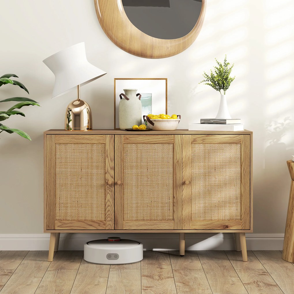 Aparador de sala de estar 120 x 40 x 75 cm com armários com portas em rattan e prateleira ajustável, em madeira natural