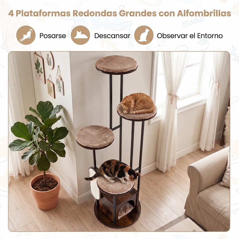 Árvore para Gatos Altura: 183 com Abrigo e Arranhador, Vários Níveis, Castanho