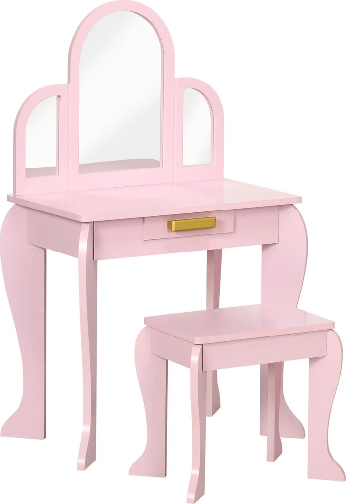 Toucador para Crianças com Espelho e Banco Toucador de Maquilhagem para Crianças de 3 a 6 Anos 52x32x85 cm Rosa