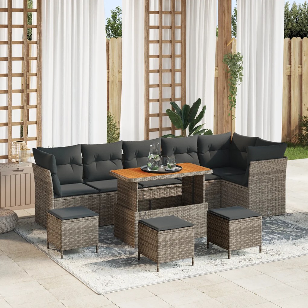 Conjunto de Sofá de Jardim vidaXL com 10 Peças e Cushions Cinza Rattan Poliéster Acácia