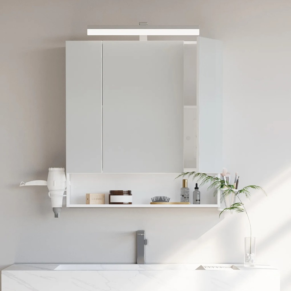 Armário de casa de banho parede com iluminação LED e tomadas 16,5 x 70 x 75 cm branco