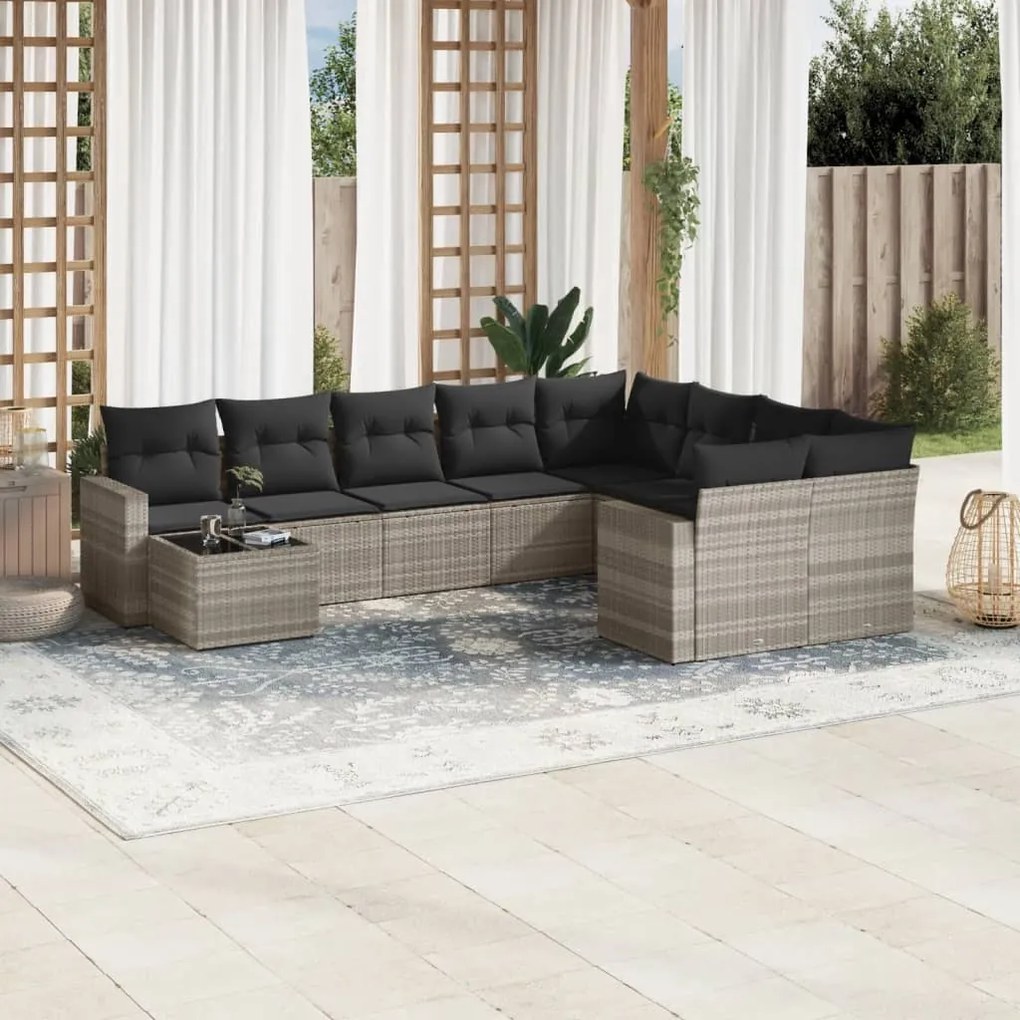 vidaXL 10 pcs conj. sofás jardim com almofadões vime PE cinzento-claro