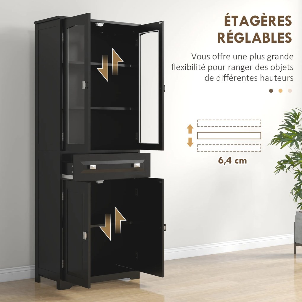 Armário alto de cozinha com 4 portas, das quais 2 com vidro, e 1 gaveta, com 160 cm de altura e prateleiras em madeira preta