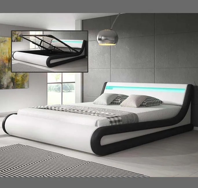 Cama Hidráulica com Arrumação "Patricia" - 150x190 cm - Branco/Preto -