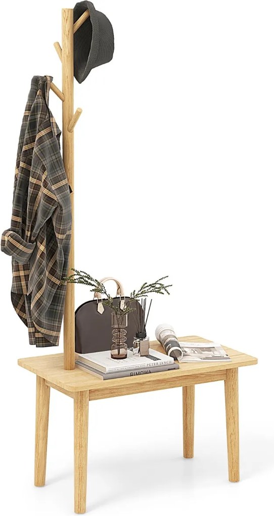 Cabide entrada com Mesa de apoio 2 em 1 de madeira maciça para quarto com sapateira e 3 cabides para casacos 76 x 43 x 168 cm Natural