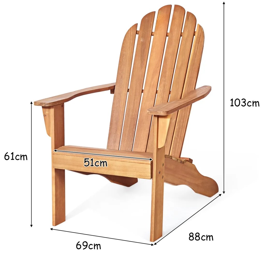 Cadeira de jardim de madeira de acácia Adirondack ergonómica para varanda e piscina 69 x 88 x 103 cm Natural