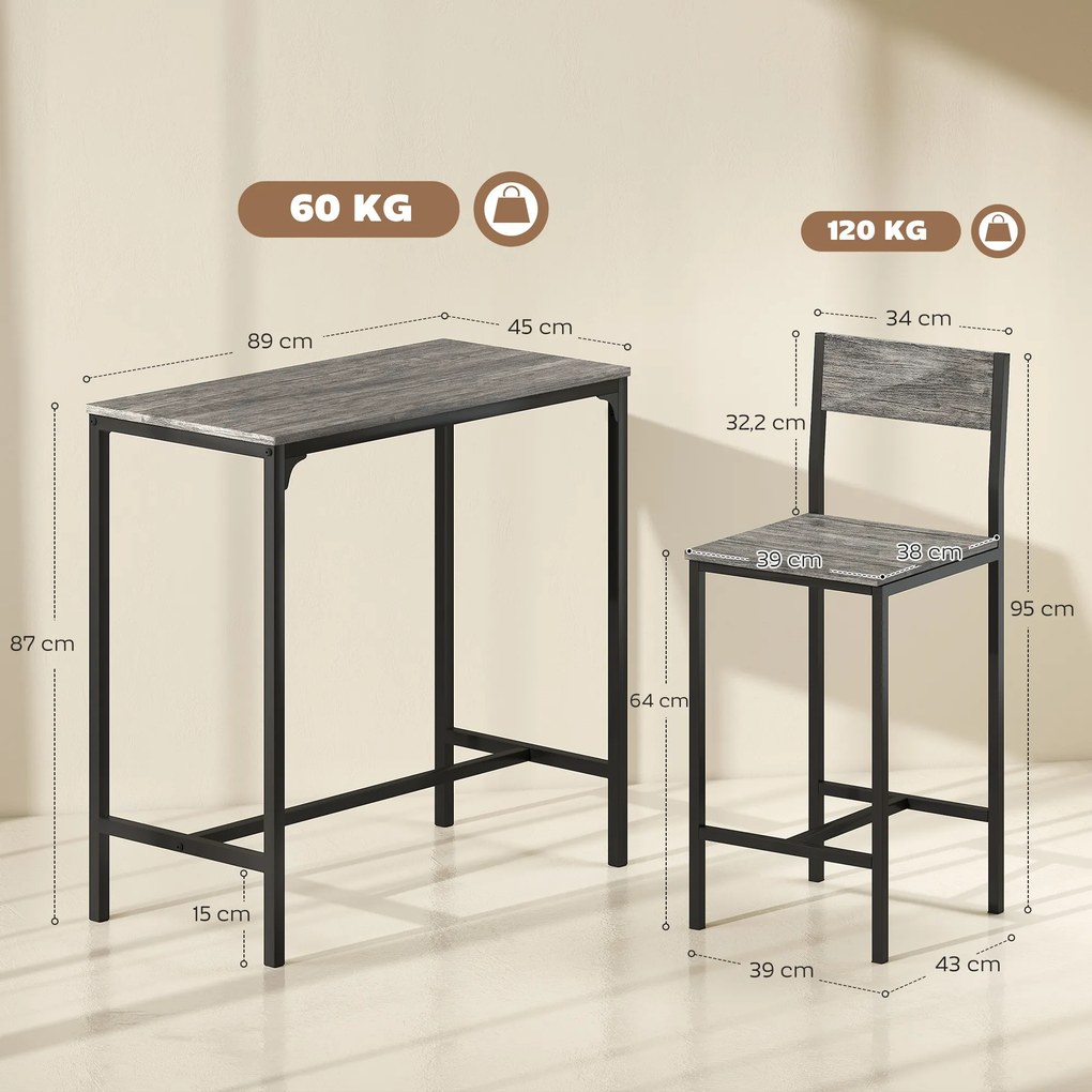 Conjunto de mesa de bar com bancos, mesa de jantar alta com 2 cadeiras de bar, apoios para os pés e encostos, cinzento