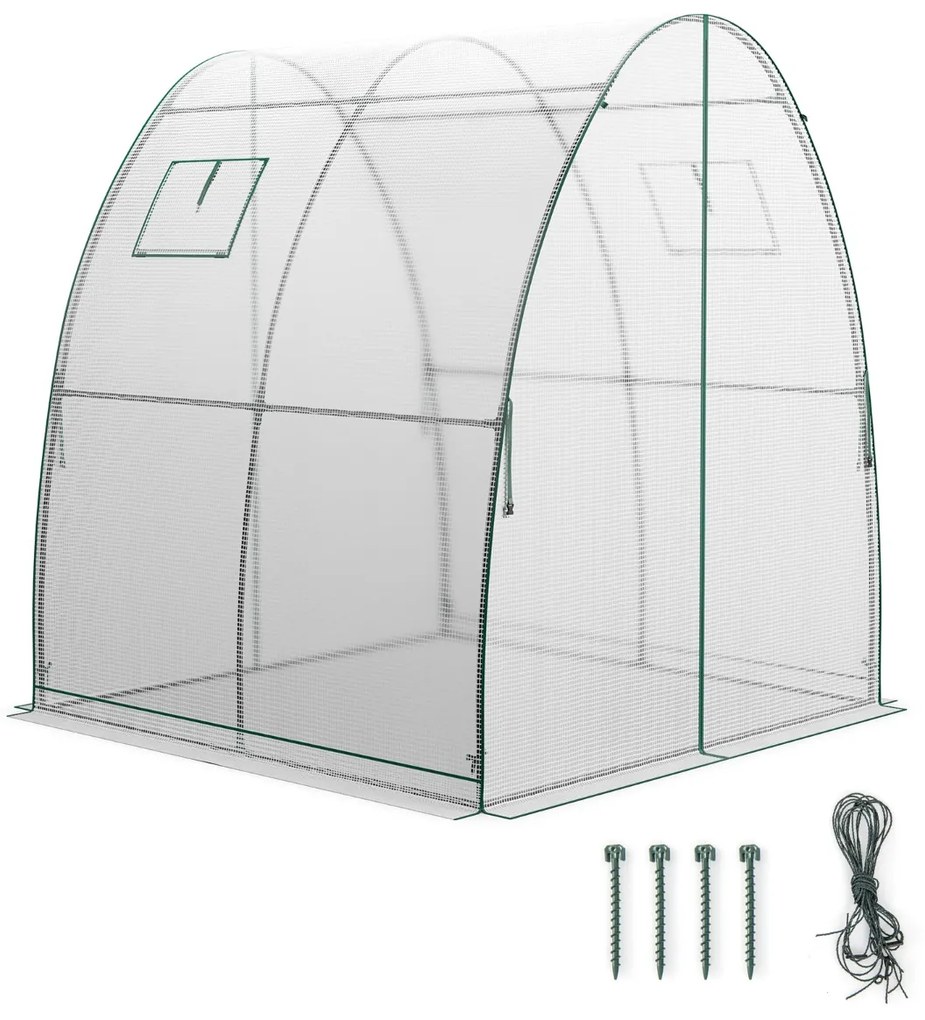 Estufa portátil para exterior com 2 portas com fecho de correr, 2 janelas enroláveis e bolsas laterais 181 x 181 x 200 cm Branca