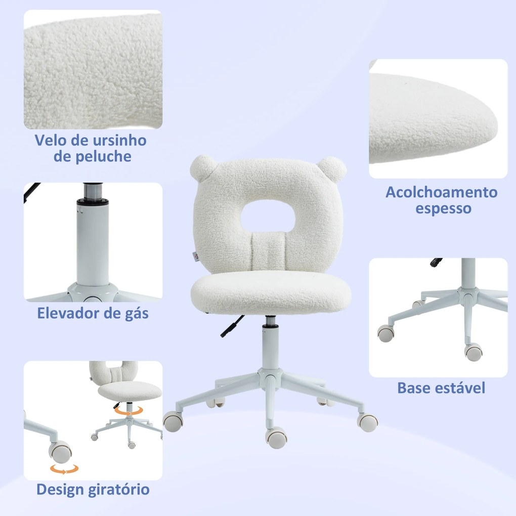 Cadeira de Secretária de Carneirinho Cadeira Infantil Giratória com Encosto em Forma de Urso 50x56x80-90 cm Branco