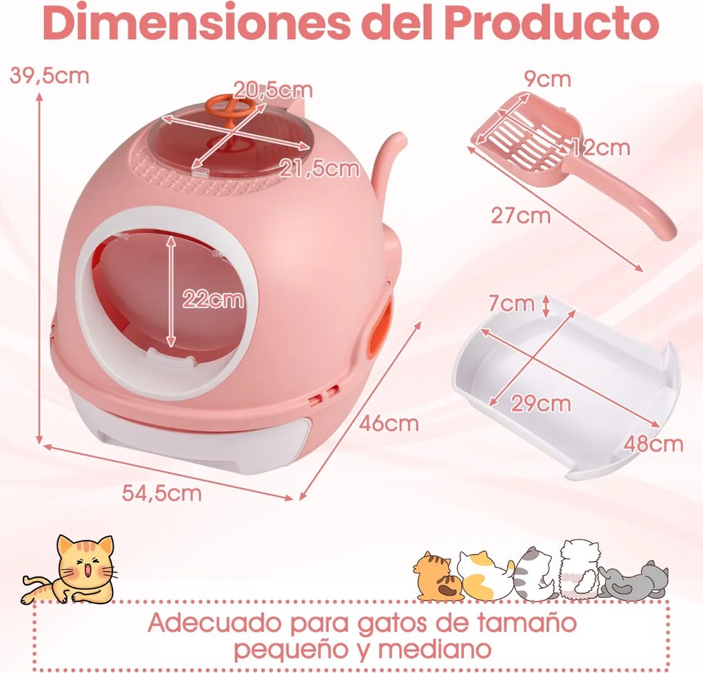 Caixa de areia fechada para gatos com entrada frontal e superior, inclui pá e bandeja para gatos até 10 kg, cor rosa