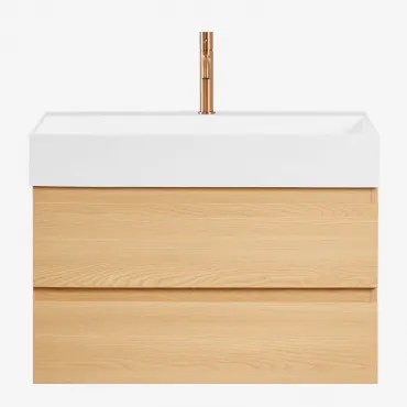 Conjunto De Móvel De Casa De Banho Suspenso Em Madeira E Folha De Freixo Com Lavatório Integrado Ona Madeira Natural & Sem Espelho - Sklum