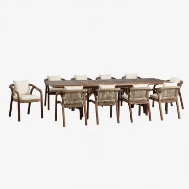 Conjunto De Mesa Retangular Extensível 200-260-320x100 Cm E 10 Cadeiras De Jantar Com Braços Em Madeira De Acácia Dubai Tecido Gardénia Branco & Casta
