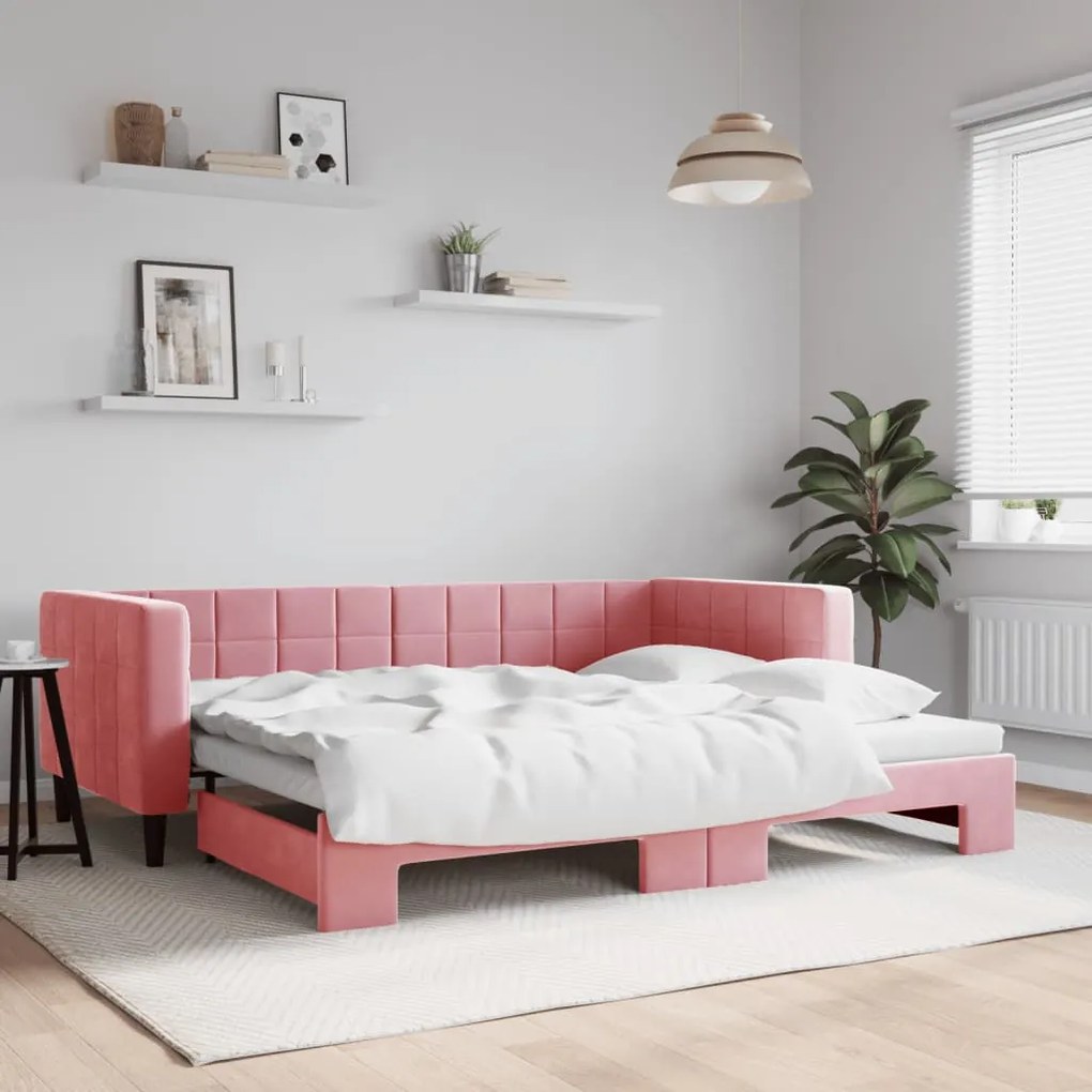 vidaXL Sofá-cama com gavetão 90x200 cm veludo rosa
