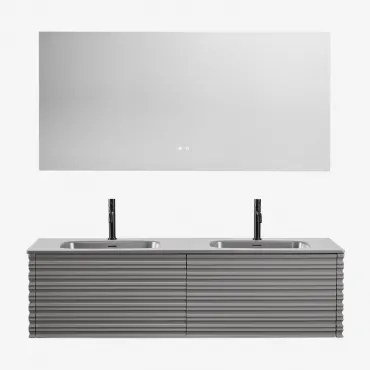 Conjunto De Móvel De Casa De Banho Suspenso Em Madeira Com Lavatórios Integrados Noura Cinza Níquel & Retangular Led E - Sklum