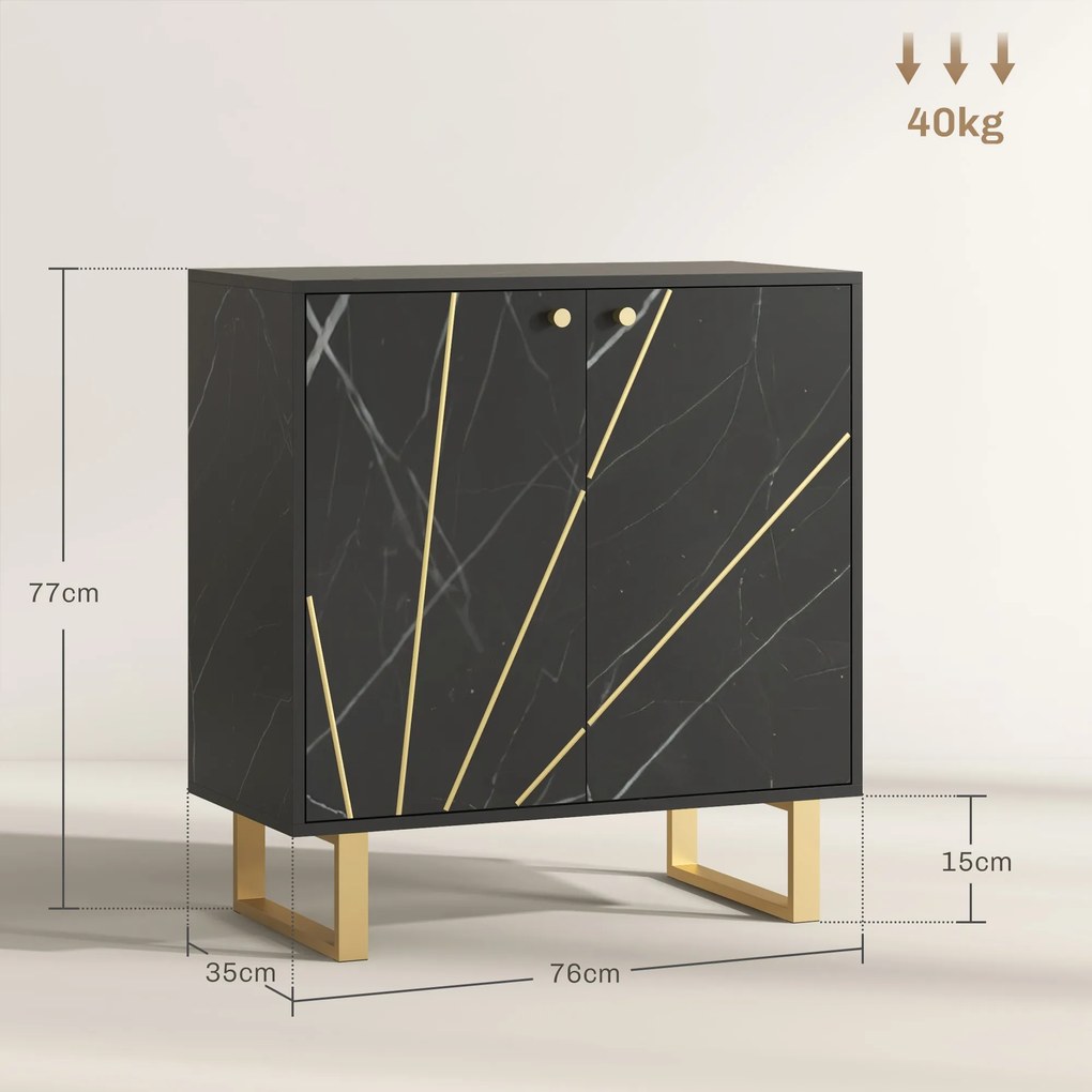 Aparador com 2 portas e prateleira ajustável, pés em metal, 76 x 35 x 77 cm, tom de mármore preto