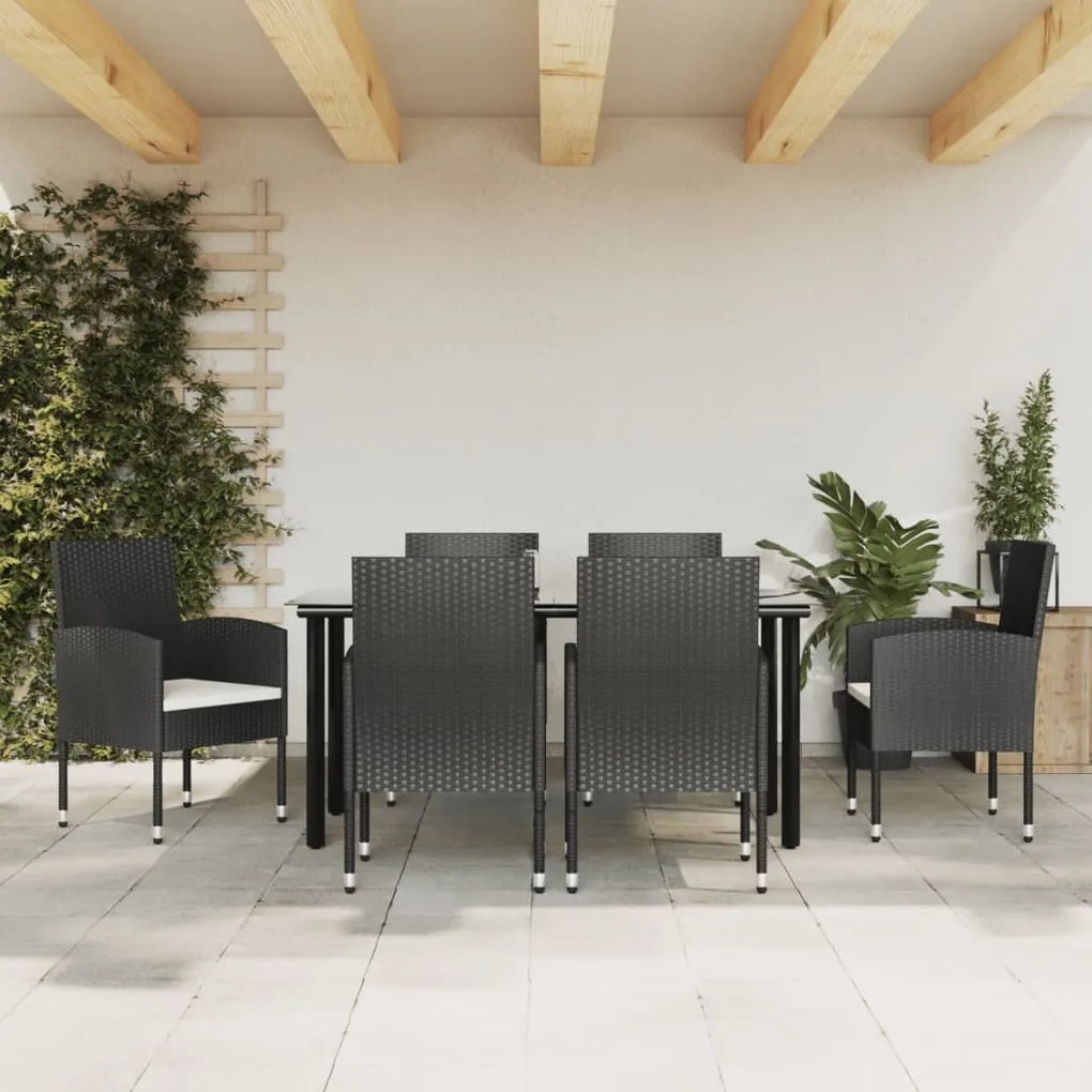 vidaXL 7 pcs conjunto de jantar para jardim vime PE e aço preto