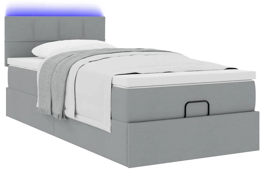 Cama Otomana com colchão & LEDs 90x200 cm tecido cinzento claro