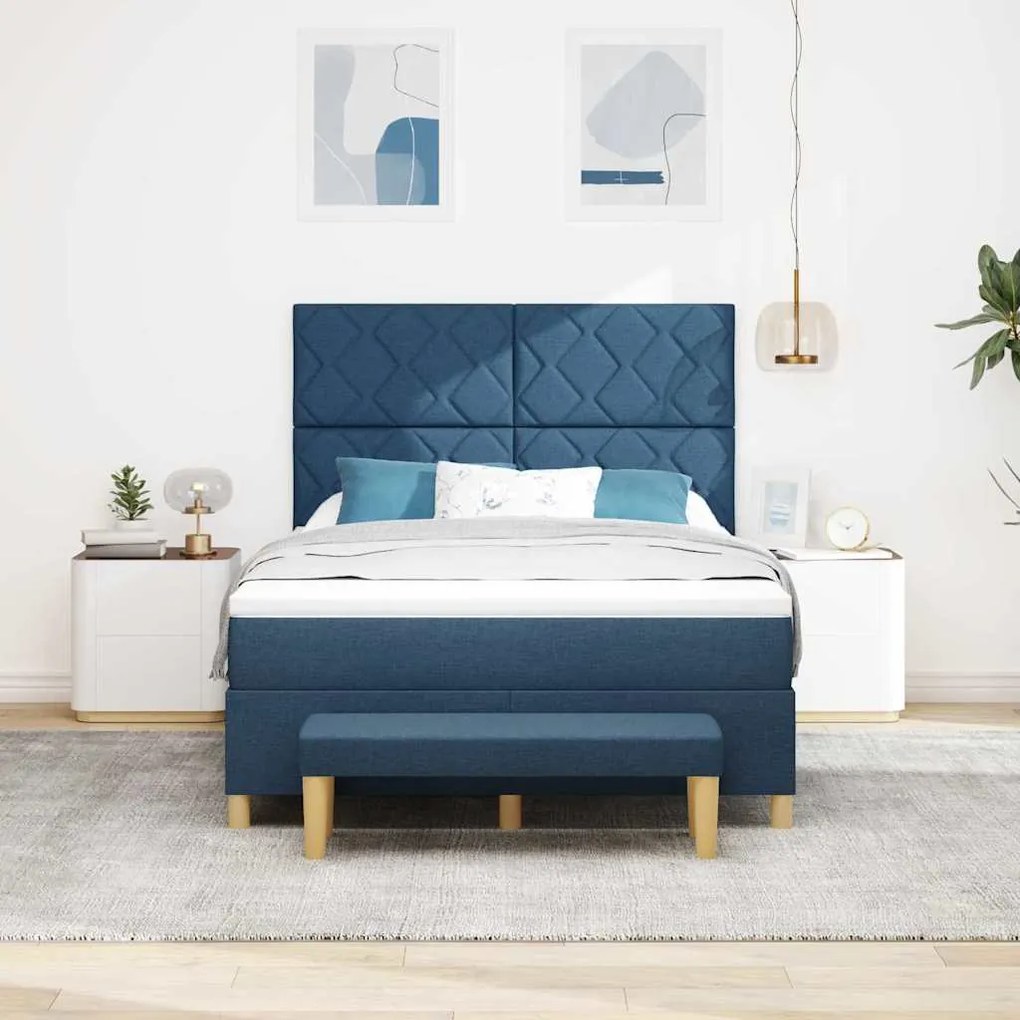 Cama Box Spring com Colchão &amp; Banco Azul 140x190 cm Tecido