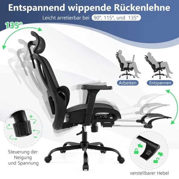 Cadeira ergonómica para computador com apoio para os pés retrátil, apoio lombar ajustável e apoios para os braços, cor preta