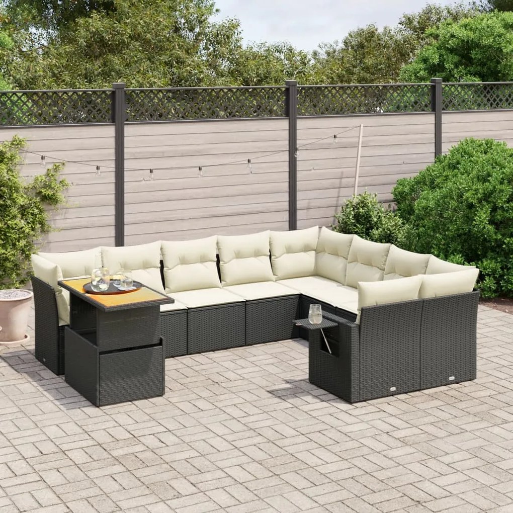 10 pcs conjunto sofás de jardim c/ almofadões vime PE preto