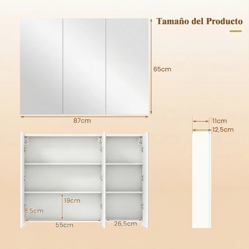 Armário parede de espelho para casa de banho 87 x 65 x 12,5 cm, 3 portas, para encastrar ou montar, 6 compartimentos, acabamento imitação de madeira,