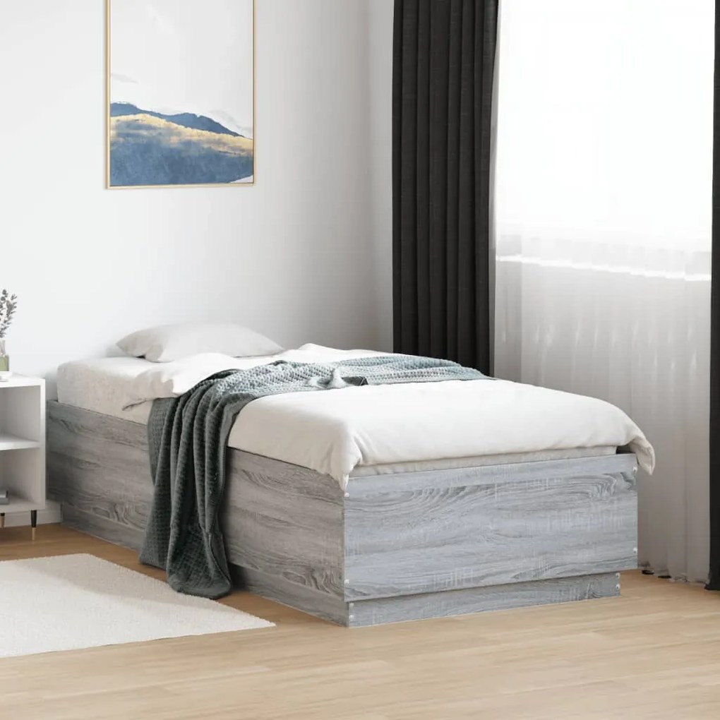 Estrutura cama c/ luzes LED derivados madeira cinzento sonoma