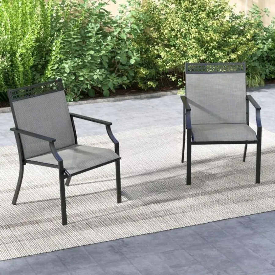 Conjunto de 2 cadeiras de jardim em tecido Textilene com estrutura em metal, encosto alto e braços, tecido de secagem rápida, carga máxima 150 kg, 66