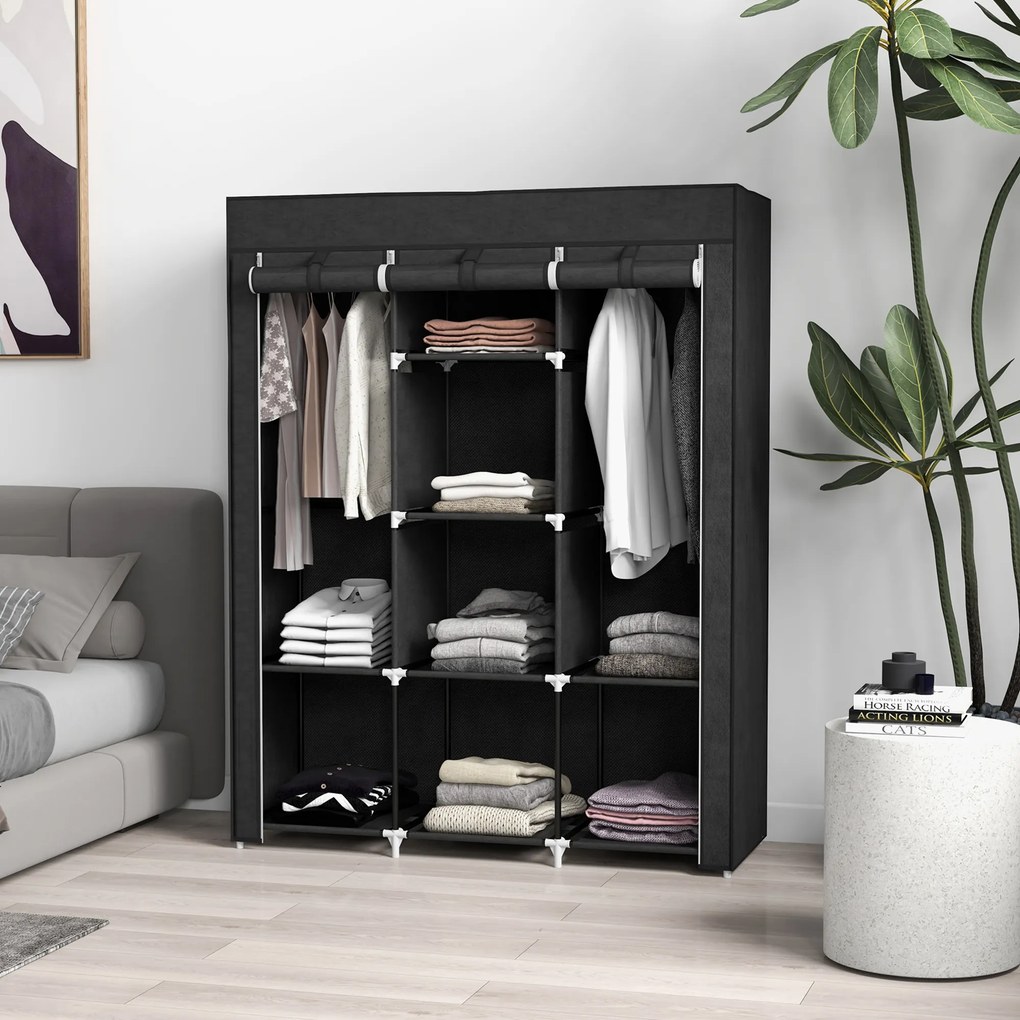 Guarda roupa com várias opções de arrumação 125 L x 43 P x 162,5 A cm - 8 prateleiras, 2 varões - tecido não tecido preto