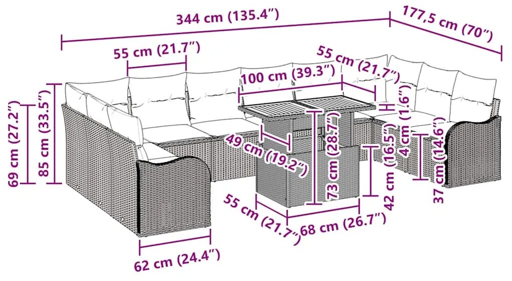 Conjunto de Sofá de Jardim Modular de 11 Peças com Almofadas em Rattan
