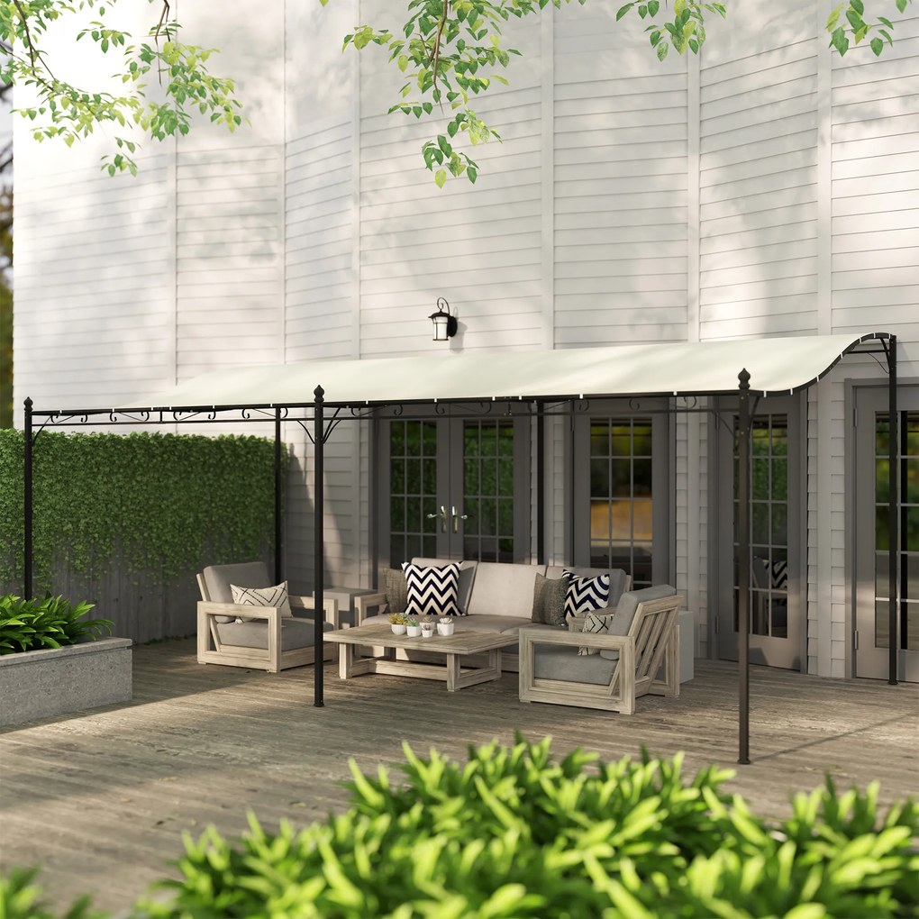 Pérgola de Parede 591x298x200-253 cm Pérgola com Teto de Poliéster Impermeável e Estrutura Metálica Creme