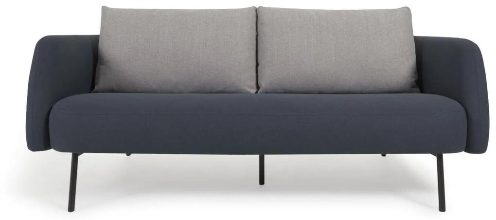 Kave Home - Sofá Walkyria 3 lugares azul almofadas cinza e pés de metal preto 195 cm