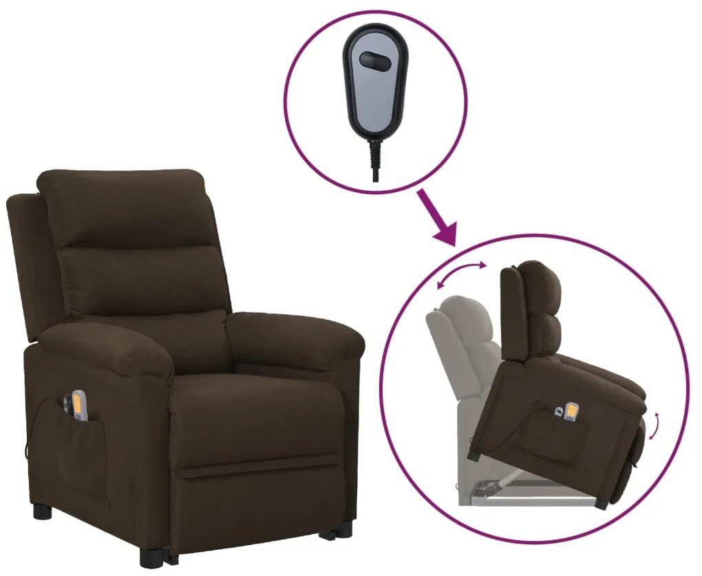 vidaXL Poltrona elevatória de massagens tecido castanho-escuro