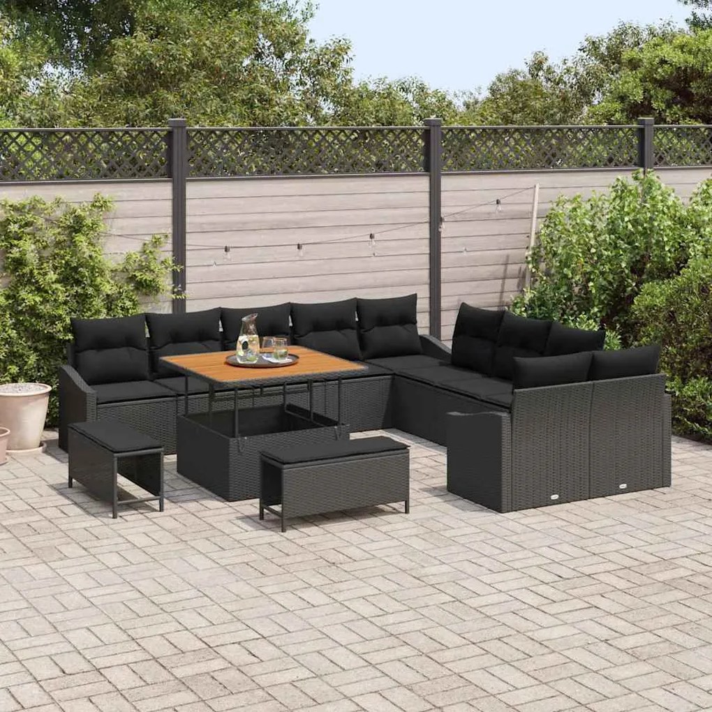 Conjunto de Sofá de Jardim de 13 peças com Almofadas Vime Preto Acácia