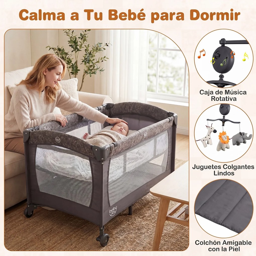 Berço Parque para Bebé 4 em 1, 110 x 68 x 55-75 cm, Dobrável, Cinzento