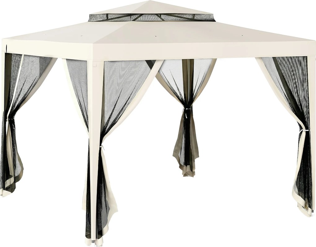 Outsunny Pérgola Jardim 297x297x268 cm com 4 Mosquiteiras Teto Duplo Drenagem Estrutura Metal Proteção UV Creme | Aosom Portugal