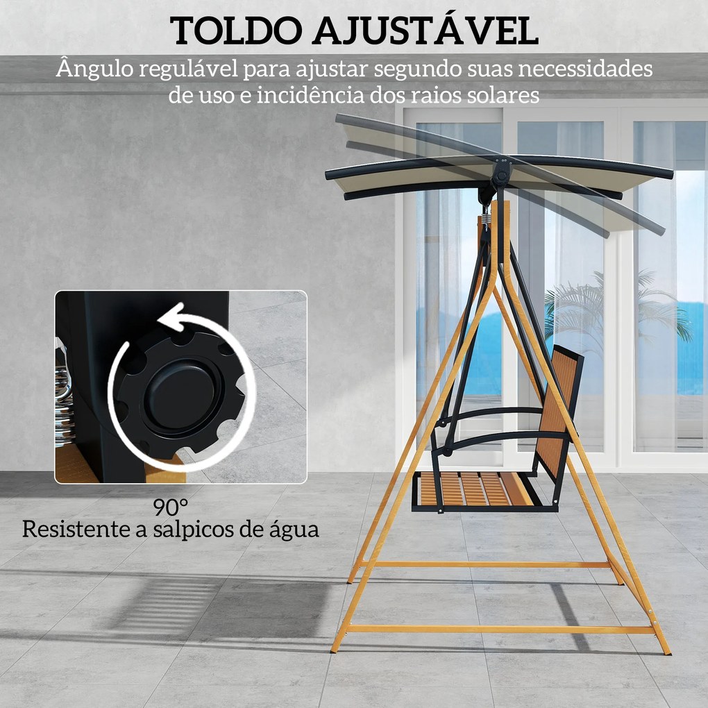 Baloiço de Jardim de 2 Lugares com Toldo Ajustável e Estrutura de Metal Carga 240 kg 142x112x162 cm Madeira e Creme