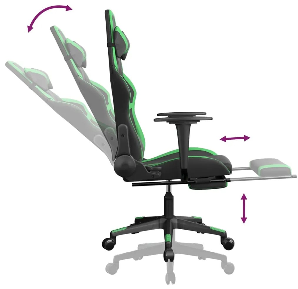 Cadeira gaming massagens c/ apoio pés couro artif. preto/verde