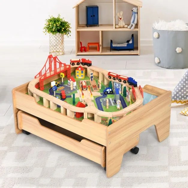 Conjunto de Mesa de Pista de Madeira para Crianças 100 Peças Mesa de Actividades e Gaveta com Rodas com Fecho Fácil de Montar Multicolorida