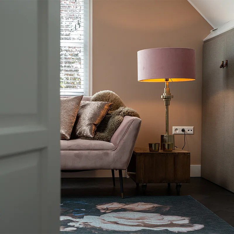 Candeeiro de mesa Art Deco dourado com abajur de veludo rosa 50 cm - Diverso