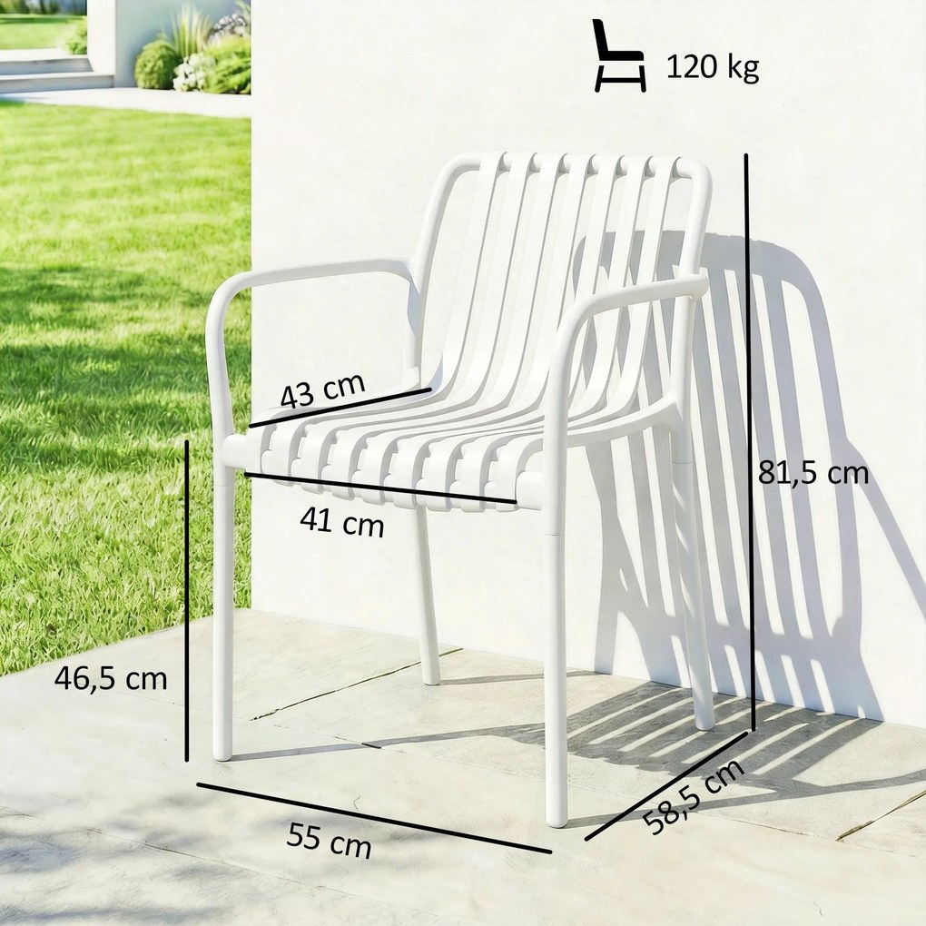 Conjunto de 4 Cadeiras de Jardim Exterior Empilháveis de PP (MESA NÃO INCLUIDA) com Encosto Curvado Assento com Ripas 55x58,5x81,5 cm Branco