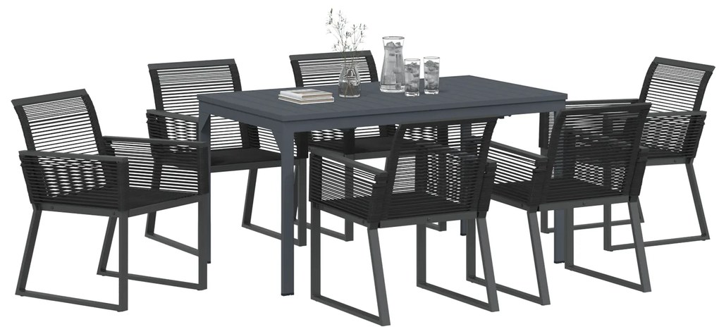 Conjunto de Jantar de 7 Peças em Aço Preto e Rattan Sintético