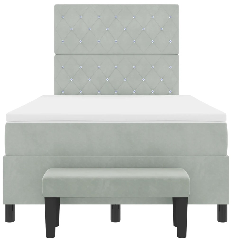 Cama Box Spring com Colchão e Banco Cinza Claro 120x200 cm Veludo