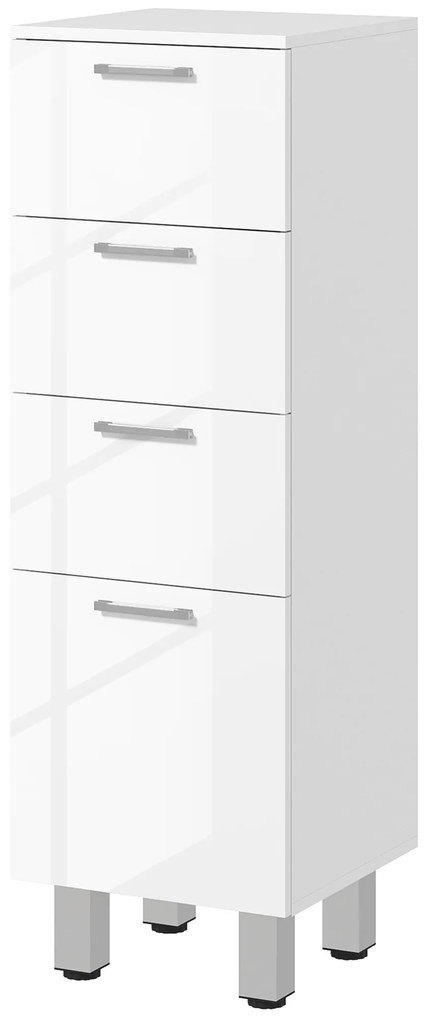 kleankin Móvel Auxiliar Moderno para Casa de Banho com 4 Gavetas Sistema Anti-Tombo Organização e Armazenamento 30x30x93 cm Branco | Aosom Portugal