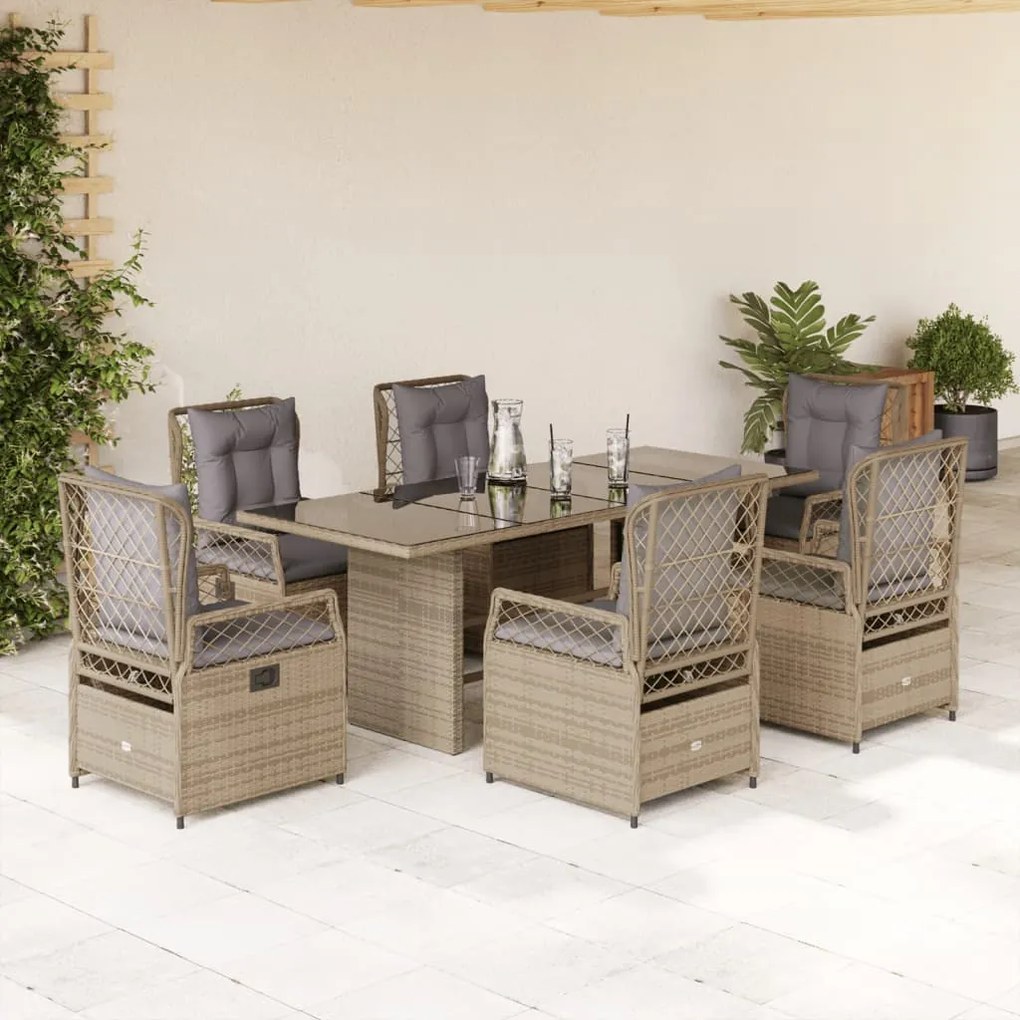 vidaXL 7 pcs conjunto de jantar p/ jardim com almofadões vime PE bege