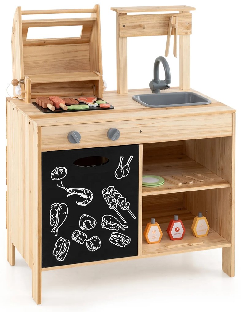 Cozinha de barro infantil com cobertura, cozinha de madeira para brincar ao ar livre - natural