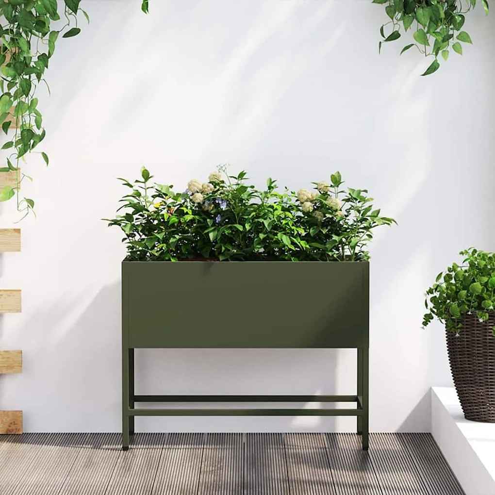 vidaXL Vaso Elevado para Jardim Verde-oliva 60 x 26 x 45 cm Aço