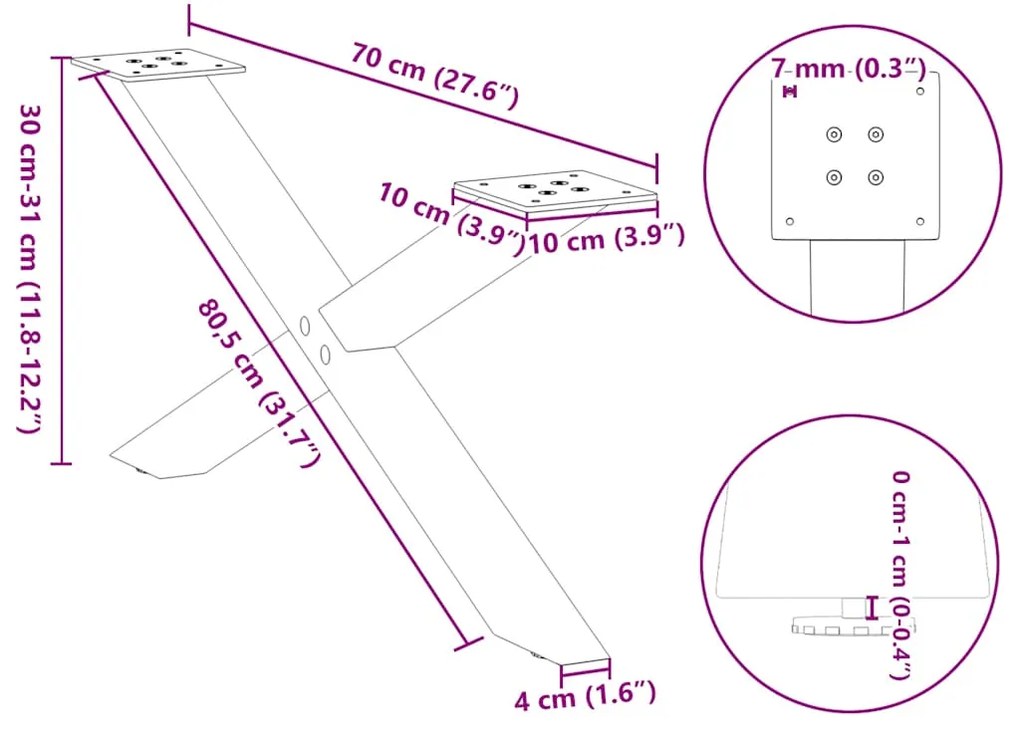 Pés para mesa de centro em formato de X, 2 peças, preto, 70x(30-31) cm